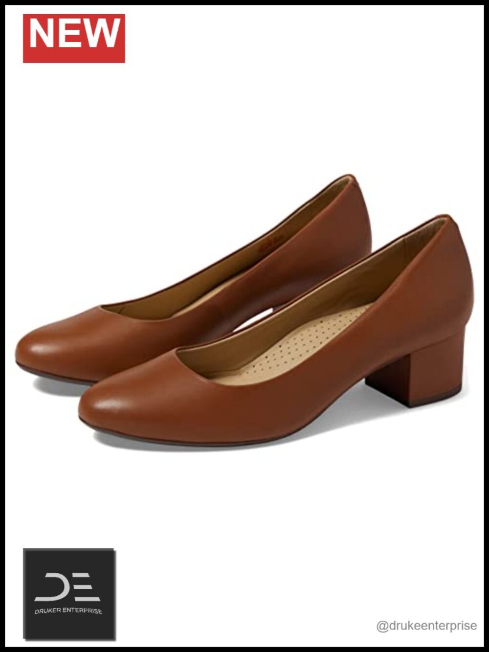 Womens Leather Block Heel Almond Toe Pump Slip-On Comfort Shoe